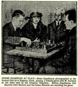 Archival newspaper photograph of a chess game; the printed caption identifies Capablanca at the Café de la Régence.